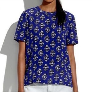 Madewell Blue Floral Silk Zipper Back Short Sleeve Blouse S